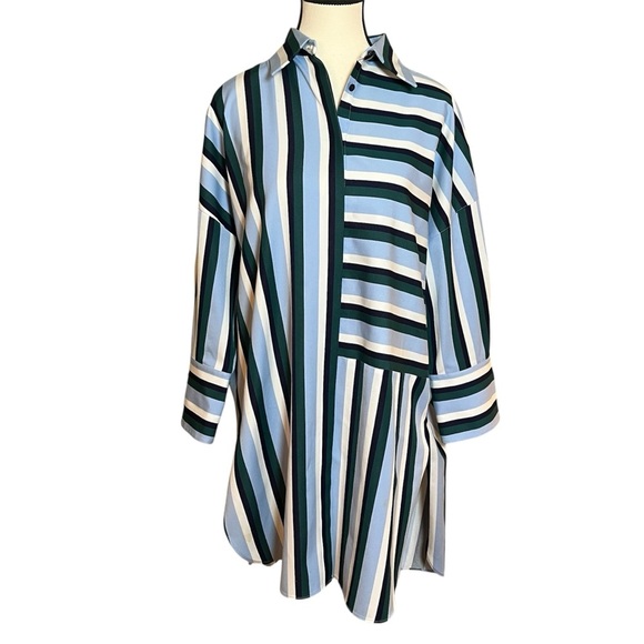 Akris Striped Dress Tunic Blue Patchwork Langenlook Women’s Size 12 Oversized - Picture 2 of 8